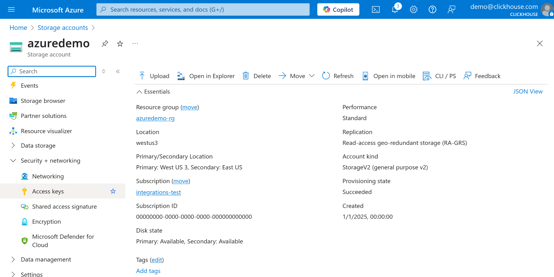 Параметры хранилища Azure