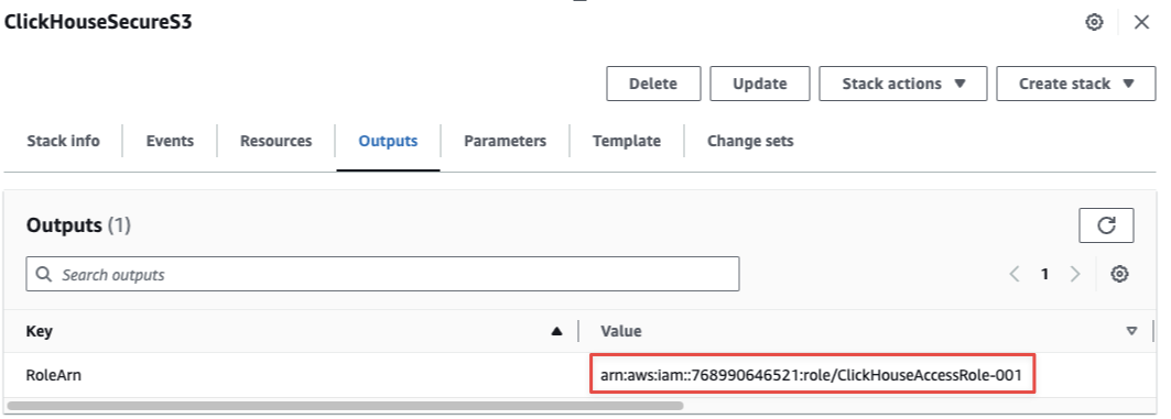 Результат стека CloudFormation, показывающий ARN роли IAM