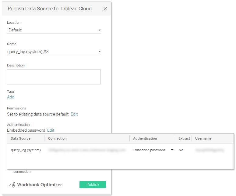 Диалог публикации Tableau Desktop с параметрами Authentication и выбранной опцией Embedded password