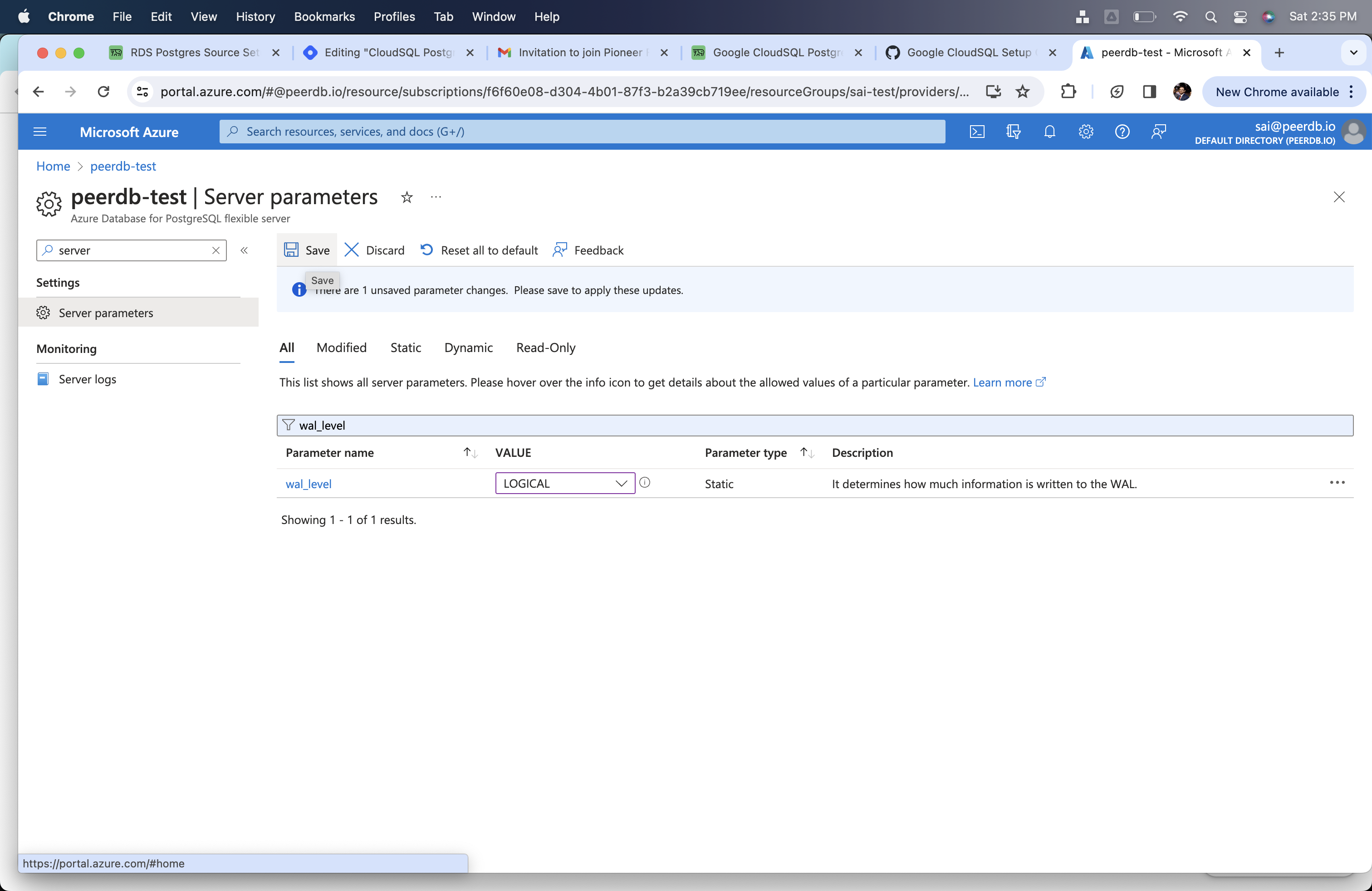 Изменение wal_level на logical в Azure Flexible Server для Postgres